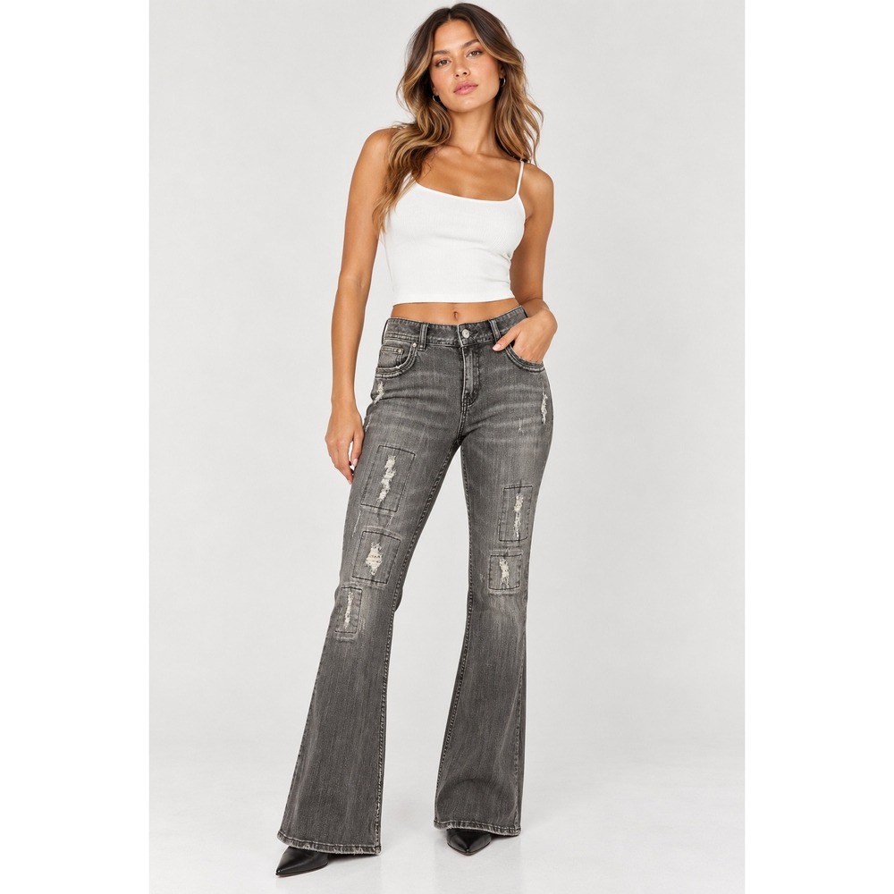 Free People Womens Penny Flare Jeans Size 28 Grey Distressed Patchwork Denim